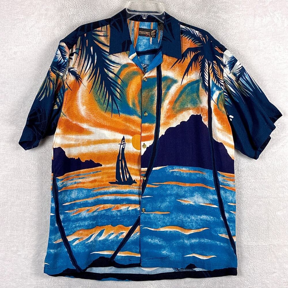 VTG Thums Up Shirt Mens L Blue Orange Beach Sailing Scene Rayon Hawaiian Aloha